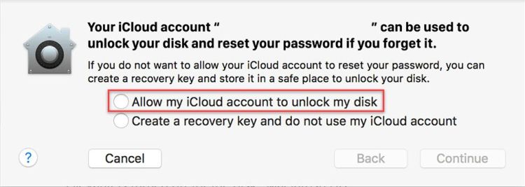 Allow my iCloud account to unlock my disk